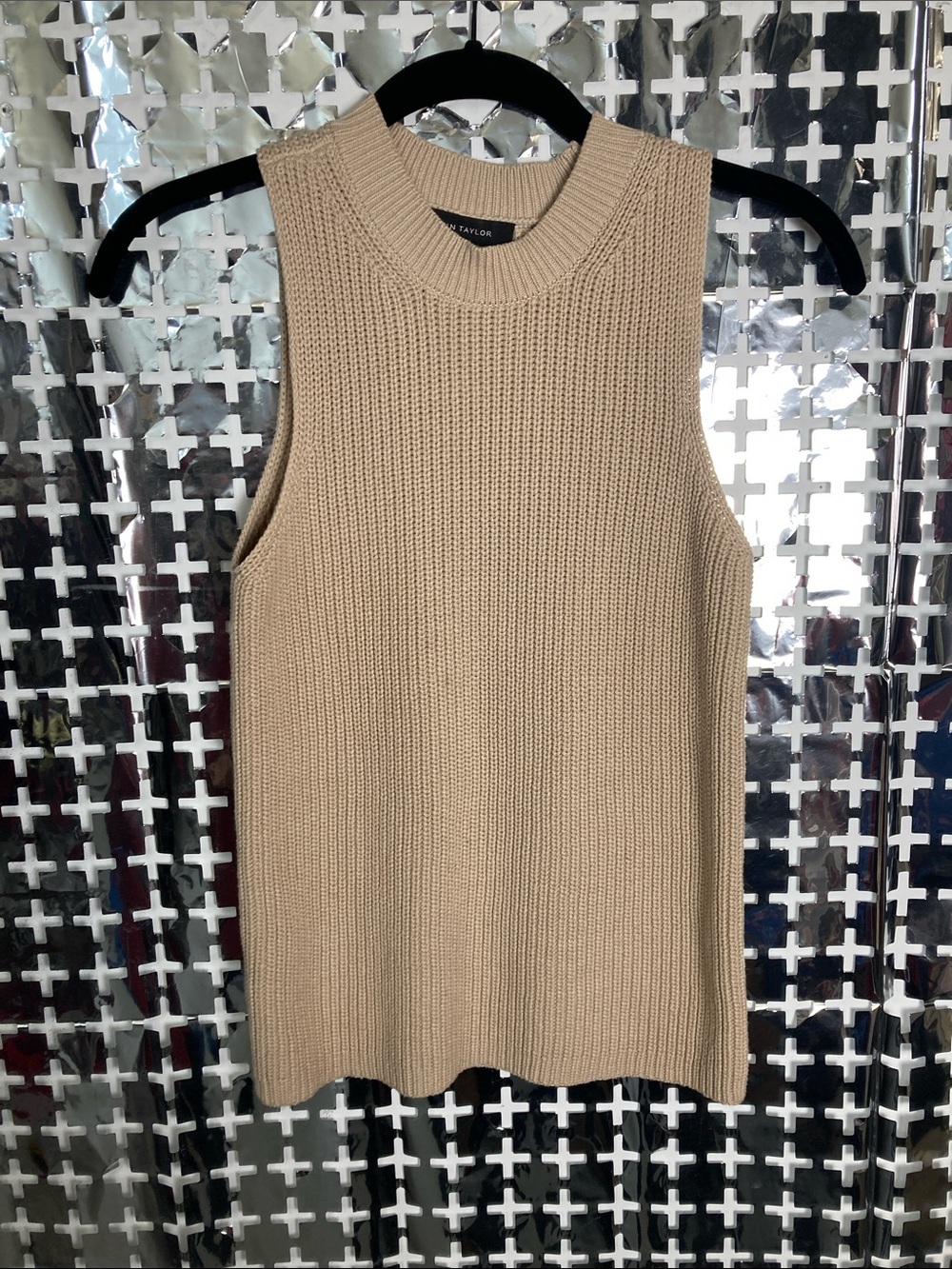 Ann Taylor Beige Ribbed Sleeveless Crewneck Sweater